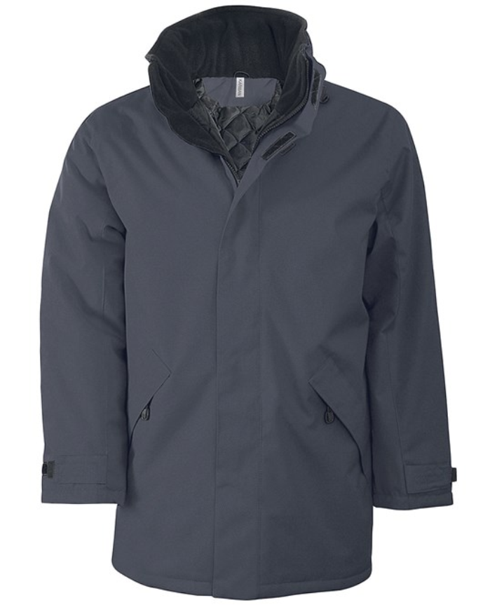 Quilted lined parka jacket with multiple pockets, embroidred logo left breast. Select the logo colour of your choice at checkout!